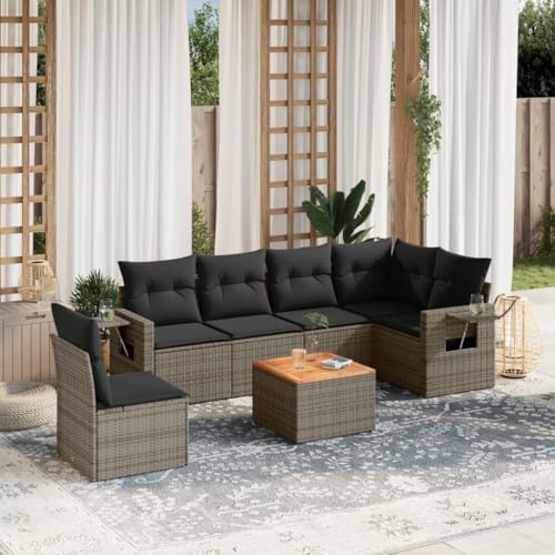 SDWEHO7 7er-Set Gartenmöbel, Outdoor Sitzgruppe mit Auflagen & Gartentisch, Balkonmöbel Balkonset Terrassenmöbel Garten Lounge Set Grau Poly Rattan von SDWEHO7