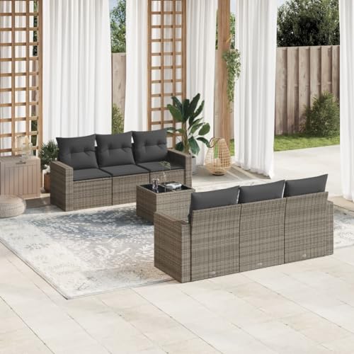 SDWEHO7 7er-Set Gartenmöbel, Outdoor Sitzgruppe mit Auflagen & Gartentisch, Balkonmöbel Balkonset Terrassenmöbel Garten Lounge Set Grau Poly Rattan von SDWEHO7