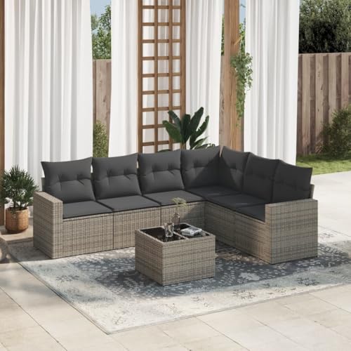 SDWEHO7 7er-Set Gartenmöbel, Outdoor Sitzgruppe mit Auflagen & Gartentisch, Balkonmöbel Balkonset Terrassenmöbel Garten Lounge Set Grau Poly Rattan von SDWEHO7