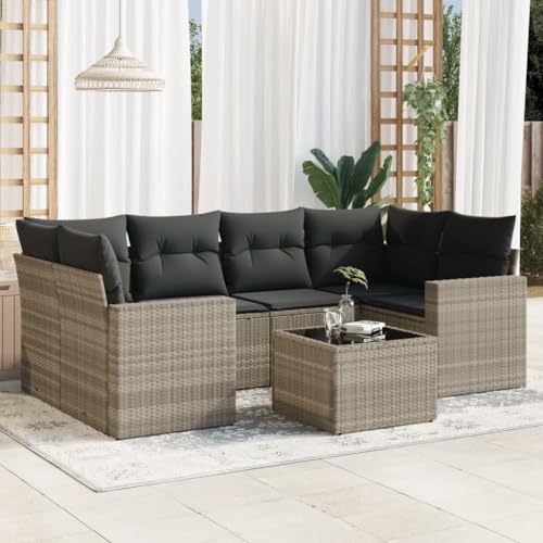 SDWEHO7 7er-Set Gartenmöbel, Outdoor Sitzgruppe mit Auflagen & Gartentisch, Balkonmöbel Balkonset Terrassenmöbel Garten Lounge Set Hellgrau Poly Rattan von SDWEHO7