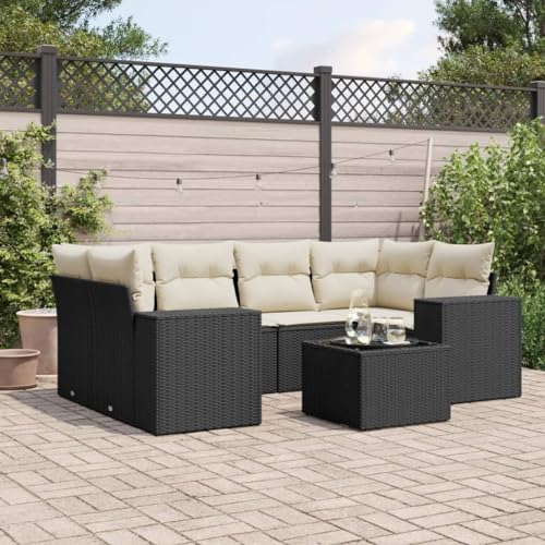 SDWEHO7 7er-Set Gartenmöbel, Outdoor Sitzgruppe mit Auflagen & Gartentisch, Balkonmöbel Balkonset Terrassenmöbel Garten Lounge Set Schwarz Poly Rattan von SDWEHO7