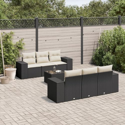 SDWEHO7 7er-Set Gartenmöbel, Outdoor Sitzgruppe mit Auflagen & Gartentisch, Balkonmöbel Balkonset Terrassenmöbel Garten Lounge Set Schwarz Poly Rattan von SDWEHO7
