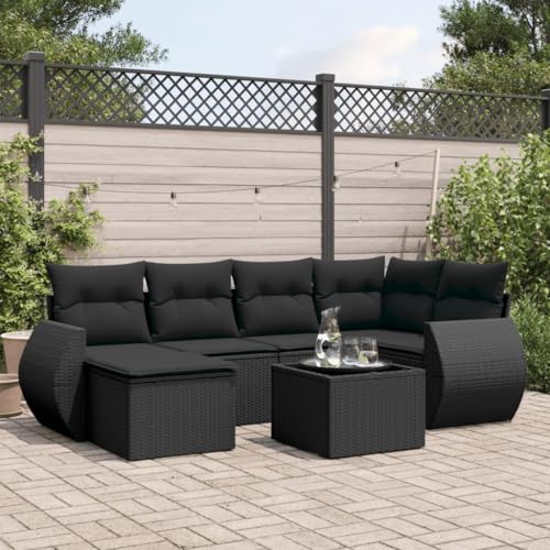 SDWEHO7 7er-Set Gartenmöbel, Outdoor Sitzgruppe mit Auflagen & Gartentisch, Balkonmöbel Balkonset Terrassenmöbel Garten Lounge Set Schwarz Poly Rattan von SDWEHO7