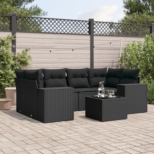 SDWEHO7 7er-Set Gartenmöbel, Outdoor Sitzgruppe mit Auflagen & Gartentisch, Balkonmöbel Balkonset Terrassenmöbel Garten Lounge Set Schwarz Poly Rattan von SDWEHO7