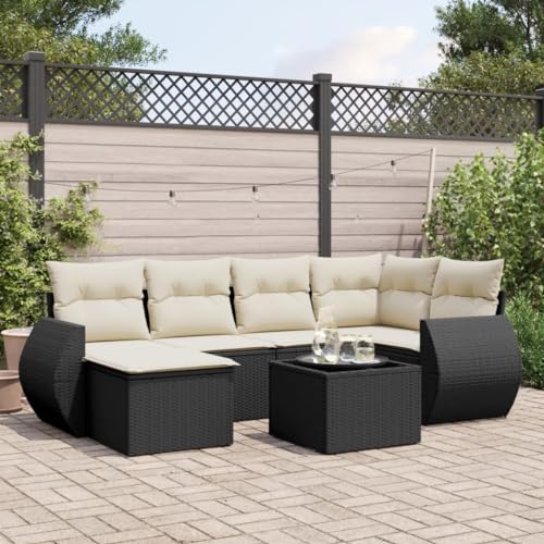SDWEHO7 7er-Set Gartenmöbel, Outdoor Sitzgruppe mit Auflagen & Gartentisch, Balkonmöbel Balkonset Terrassenmöbel Garten Lounge Set Schwarz Poly Rattan von SDWEHO7