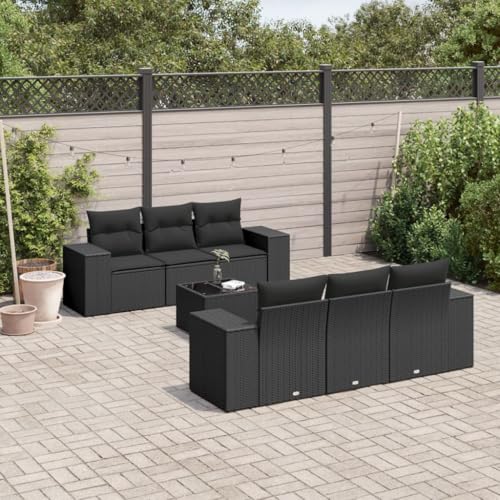 SDWEHO7 7er-Set Gartenmöbel, Outdoor Sitzgruppe mit Auflagen & Gartentisch, Balkonmöbel Balkonset Terrassenmöbel Garten Lounge Set Schwarz Poly Rattan von SDWEHO7