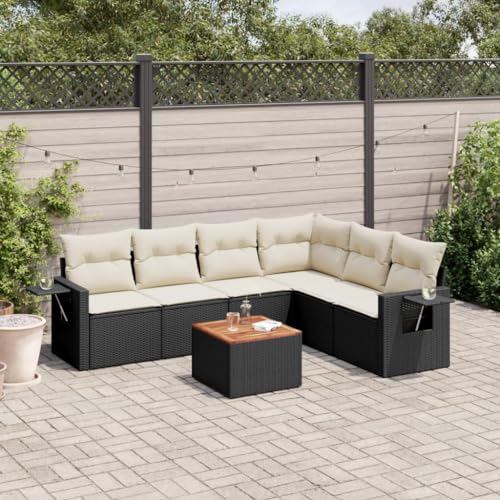 SDWEHO7 7er-Set Gartenmöbel, Outdoor Sitzgruppe mit Auflagen & Gartentisch, Balkonmöbel Balkonset Terrassenmöbel Garten Lounge Set Schwarz Poly Rattan von SDWEHO7