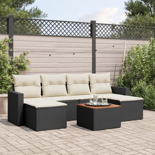 SDWEHO7 7er-Set Gartenmöbel, Outdoor Sitzgruppe mit Auflagen & Gartentisch, Balkonmöbel Balkonset Terrassenmöbel Garten Lounge Set Schwarz Poly Rattan von SDWEHO7