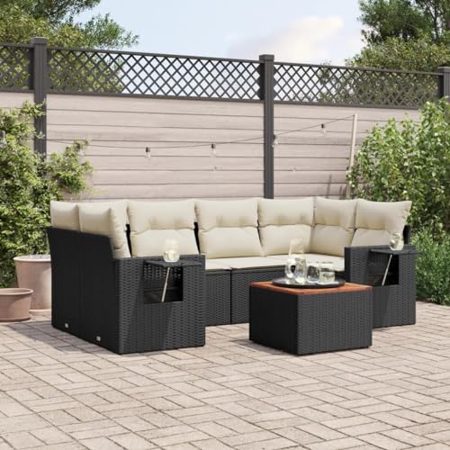 SDWEHO7 7er-Set Gartenmöbel, Outdoor Sitzgruppe mit Auflagen & Gartentisch, Balkonmöbel Balkonset Terrassenmöbel Garten Lounge Set Schwarz Poly Rattan von SDWEHO7