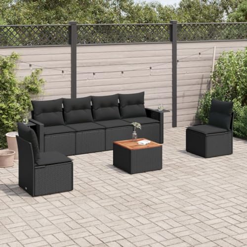 SDWEHO7 7er-Set Gartenmöbel, Outdoor Sitzgruppe mit Auflagen & Gartentisch, Balkonmöbel Balkonset Terrassenmöbel Garten Lounge Set Schwarz Poly Rattan von SDWEHO7