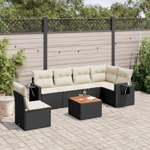 SDWEHO7 7er-Set Gartenmöbel, Outdoor Sitzgruppe mit Auflagen & Gartentisch, Balkonmöbel Balkonset Terrassenmöbel Garten Lounge Set Schwarz Poly Rattan von SDWEHO7