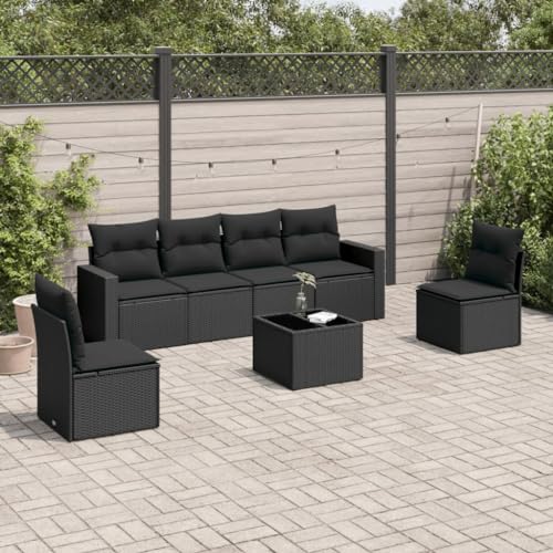 SDWEHO7 7er-Set Gartenmöbel, Outdoor Sitzgruppe mit Auflagen & Gartentisch, Balkonmöbel Balkonset Terrassenmöbel Garten Lounge Set Schwarz Poly Rattan von SDWEHO7