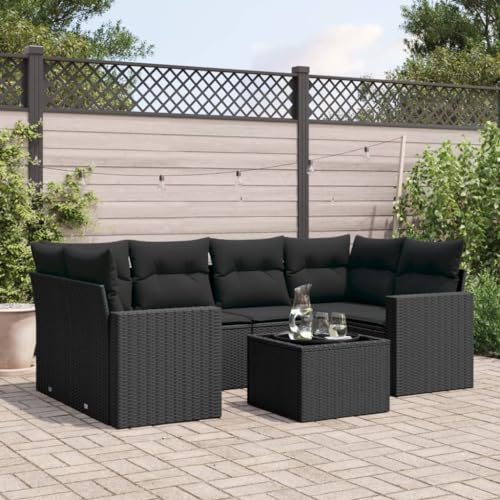 SDWEHO7 7er-Set Gartenmöbel, Outdoor Sitzgruppe mit Auflagen & Gartentisch, Balkonmöbel Balkonset Terrassenmöbel Garten Lounge Set Schwarz Poly Rattan von SDWEHO7