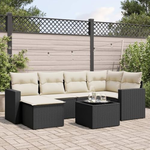 SDWEHO7 7er-Set Gartenmöbel, Outdoor Sitzgruppe mit Auflagen & Gartentisch, Balkonmöbel Balkonset Terrassenmöbel Garten Lounge Set Schwarz Poly Rattan von SDWEHO7