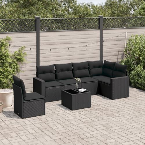 SDWEHO7 7er-Set Gartenmöbel, Outdoor Sitzgruppe mit Auflagen & Gartentisch, Balkonmöbel Balkonset Terrassenmöbel Garten Lounge Set Schwarz Poly Rattan von SDWEHO7