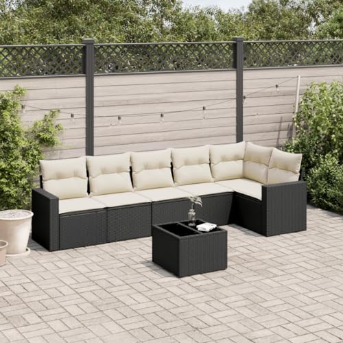 SDWEHO7 7er-Set Gartenmöbel, Outdoor Sitzgruppe mit Auflagen & Gartentisch, Balkonmöbel Balkonset Terrassenmöbel Garten Lounge Set Schwarz Poly Rattan von SDWEHO7