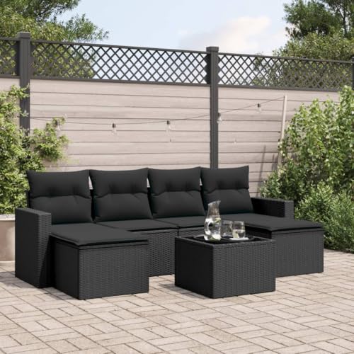 SDWEHO7 7er-Set Gartenmöbel, Outdoor Sitzgruppe mit Auflagen & Gartentisch, Balkonmöbel Balkonset Terrassenmöbel Garten Lounge Set Schwarz Poly Rattan von SDWEHO7