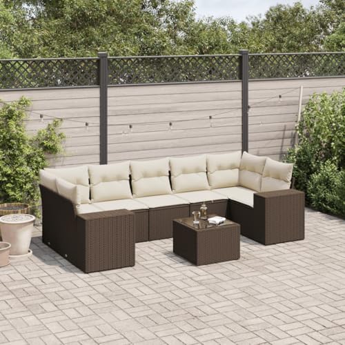 SDWEHO7 8er-Set Gartenmöbel, Outdoor Sitzgruppe mit Auflagen & Tisch, Balkonmöbel Balkonset Terrassenmöbel Garten Lounge Set, Braun Poly Rattan von SDWEHO7