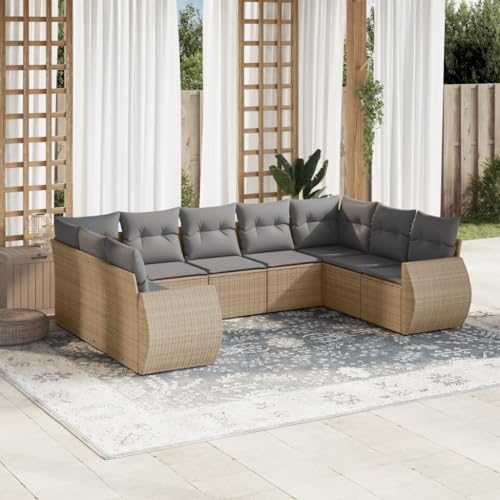 9er-Set Gartenmöbel, Outdoor Sitzgruppe mit Auflagen, Balkonmöbel Balkonset Terrassenmöbel Garten Lounge Set Beige Poly Rattan von SDWEHO7