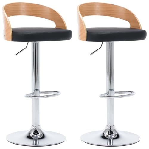 SDWEHO7 Barhocker 2er Set, Barstühl, Esshocker mit Rückenlehne und Fußstütze für Bar, Theke und Küche, 46.5x45.5X(79-101) cm Schwarz Kunstleder und Bugholz von SDWEHO7