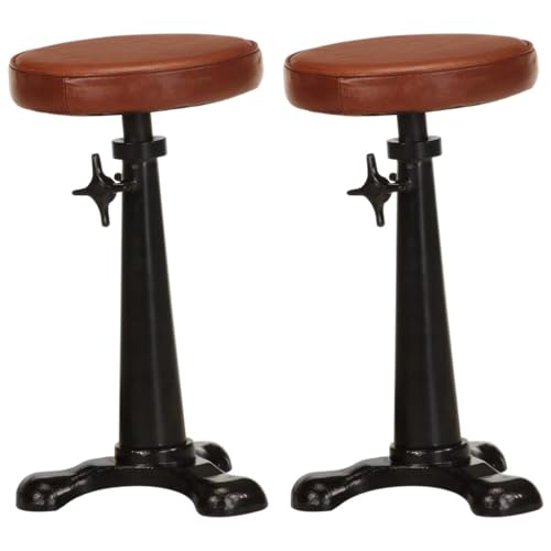 SDWEHO7 Barhocker 2er Set, Hocker mit Gepolsterte Sitzfläche, Modern Arbeitshocker für Café, Höhenverstellbar, 36x36x(56-84) cm Braun Echtleder und Gusseisen von SDWEHO7