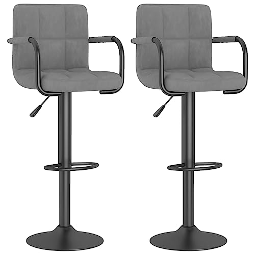SDWEHO7 Barhocker 2er Set, Höhenverstellbare Drehbare Barstühl, Esshocker mit Rückenlehne und Armlehne für Bar, Theke und Küche, 48x47x(90-111) cm Hellgrau Samt von SDWEHO7