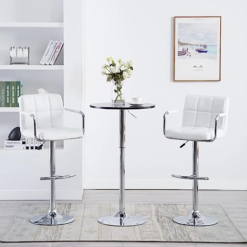 SDWEHO7 Barhocker 2er Set, Höhenverstellbare Drehbare Barstühl, Esshocker mit Rückenlehne und Armlehne für Bar und Küche, 46x49x(93-113) cm Weiß Kunstleder von SDWEHO7
