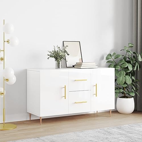 Buffet Sideboard mit 2 Schubladen und 2 Türen, Beistellschrank Flurschrank Aufbewahrungsschrank für Schlafzimmer Wohnzimmer, Hochglanz-Weiß 100x36x60 cm Holzwerkstoff von SDWEHO7