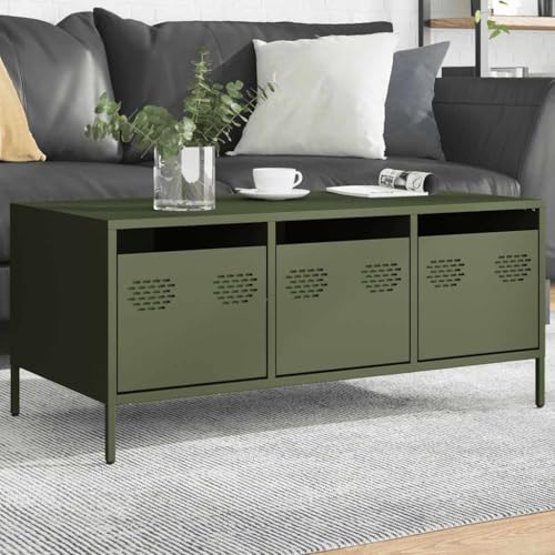 SDWEHO7 Couchtisch mit 3 Schubladen, Beistelltisch, Sofatisch, Teetisch Tisch für Wohnzimmer, Büro, Schlafzimmer, pflegeleicht, Olivgrün 101,5x50x43,5 cm Kaltgewalzter Stahl von SDWEHO7
