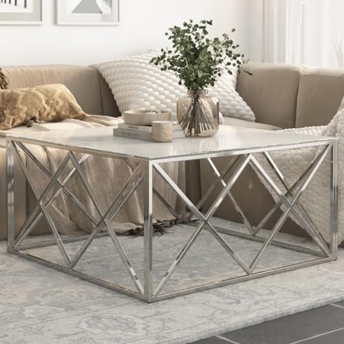 SDWEHO7 Couchtisch mit Glasplatte, Sofatisch, Beistelltisch, für Wohnzimmer, Büro, Schlafzimmer, pflegeleicht, 100 x 100 x 50 cm Silbern Edelstahl und Hartglas von SDWEHO7