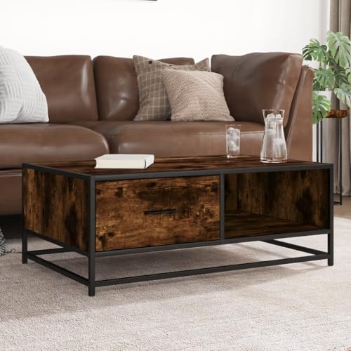 SDWEHO7 Couchtisch mit Schublade und offene Ablagefächer, Beistelltisch, Sofatisch, Teetisch Tisch für Wohnzimmer, Büro, Schlafzimmer, Räuchereiche 90x57x35 cm Holzwerkstoff und Metall von SDWEHO7
