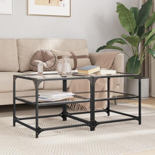 SDWEHO7 Couchtische mit Glasplatte und unterer Ablage 2er Set, Beistelltisch, Sofatisch, Kaffeetisch, Teetisch Tisch für Wohnzimmer, Büro, pflegeleicht, Transparent 50x50x45cm Stahl SDWEHO7 Couchtische mit Glasplatte und unterer Ablage 2er Set, Beistelltisch, Sofatisch, Kaffeetisch, Teetisch Tisch für Wohnzimmer, Büro, pflegeleicht, Transparent 50x50x45cm Stahl von SDWEHO7