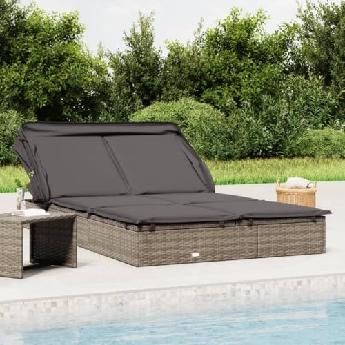 SDWEHO7 Doppel-Sonnenliege mit Verstellbarer Rückenlehne, Dach & Auflage, Garten Liegestuhl Gartenliege Chaiselongue Outdoor Liege für Garten Terrasse, Grau 213x118x97 Poly Rattan von SDWEHO7