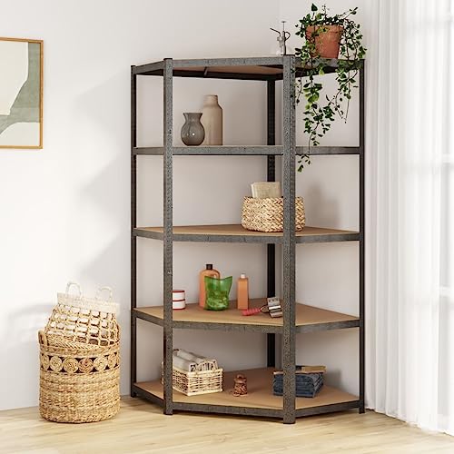 SDWEHO7 Eck-Schwerlastregal mit 5 verstellbare Böden, Aufbewahrungsregal für Küche, Bad, Wohnzimmer, Büro, Robust und langlebig, 90 x 90 x 180 cm Grau Stahl & Holzwerkstoff von SDWEHO7