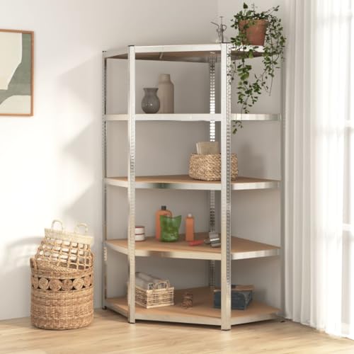 SDWEHO7 Eck-Schwerlastregal mit 5 verstellbare Böden, Aufbewahrungsregal für Küche, Bad, Wohnzimmer, Büro, Robust und langlebig, 90 x 90 x 180 cm Silbern Stahl & Holzwerkstoff von SDWEHO7