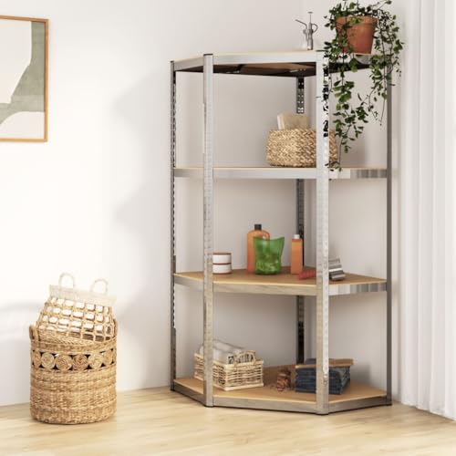 SDWEHO7 Eckregal mit 4 verstellbare Böden, Aufbewahrungsregal für Küche, Bad, Wohnzimmer, Büro, Robust und langlebig, 75 x 75 x 160 cm Silbern Stahl & Holzwerkstoff von SDWEHO7