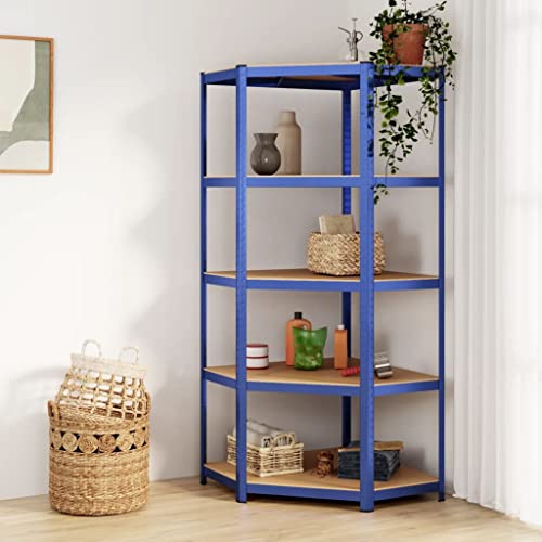 SDWEHO7 Eckregal mit 5 verstellbare Böden, Aufbewahrungsregal für Küche, Bad, Wohnzimmer, Büro, Robust und langlebig, 75 x 75 x 180 cm Blau Stahl & Holzwerkstoff von SDWEHO7