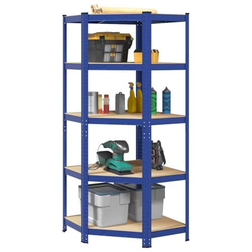 SDWEHO7 Eckregal mit 5 verstellbare Böden, Aufbewahrungsregal für Küche, Bad, Wohnzimmer, Büro, Robust und langlebig, 75 x 75 x 180 cm Blau Stahl & Holzwerkstoff von SDWEHO7
