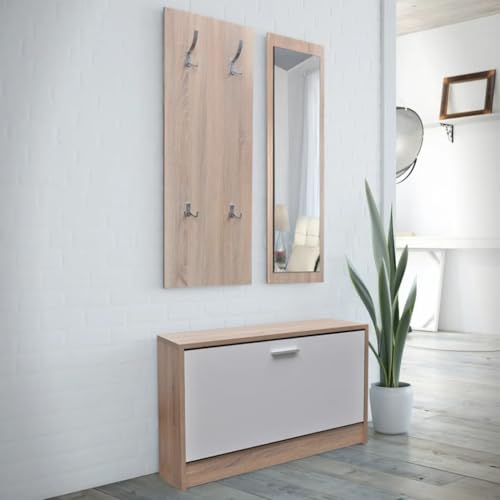 SDWEHO7 Garderoben Flur, 3-in-1 Schuhschrank mit Schuhkipper, Spiegel und Kleiderablage für Eingang, Robust und langlebig, 80 x 27 x 46,5 cm Eiche und weiß Holzwerkstoff SDWEHO7 Garderoben Flur, 3-in-1 Schuhschrank mit Schuhkipper, Spiegel und Kleiderablage für Eingang, Robust und langlebig, 80 x 27 x 46,5 cm Eiche und weiß Holzwerkstoff von SDWEHO7