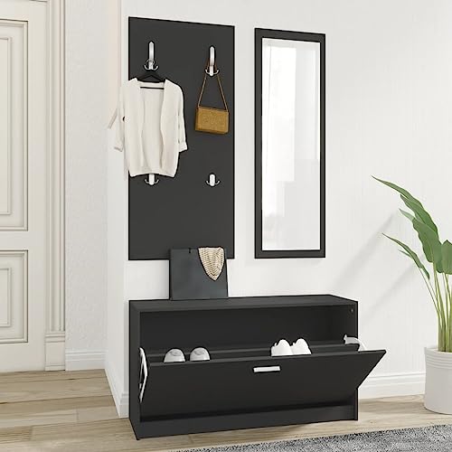 SDWEHO7 Garderoben Flur, 3-in-1 Schuhschrank mit Schuhkipper, Spiegel und Kleiderablage für Eingang, Robust und langlebig, 80 x 27 x 46,5 cm Schwarz Holzwerkstoff SDWEHO7 Garderoben Flur, 3-in-1 Schuhschrank mit Schuhkipper, Spiegel und Kleiderablage für Eingang, Robust und langlebig, 80 x 27 x 46,5 cm Schwarz Holzwerkstoff von SDWEHO7