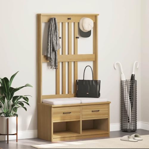SDWEHO7 Garderobenständer mit 5 Haken, 2 Schubladen und 2 offenen Fächern, Schuhwechselbank für Eingang, Wohnzimmer, 87 x 40 x 159.5 cm Massivholz Kiefer von SDWEHO7