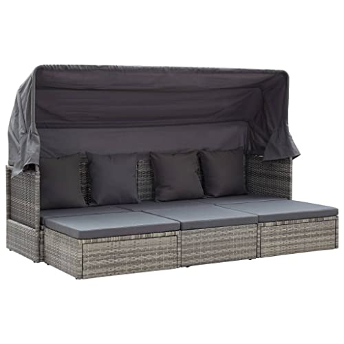 SDWEHO7 Garten Multifunktions Sofa Poly Rattan Wetterfest Sonnenliege mit Dach, Gartenliege Gartenlounge Daybed Verstellbar Liegestuhl Garten Relaxliege, Grautöne von SDWEHO7