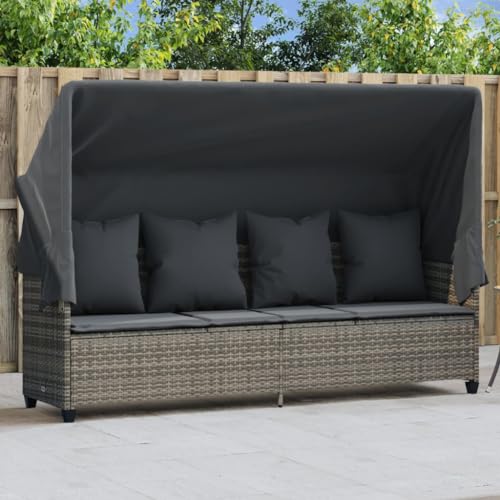 SDWEHO7 Garten Sofabett mit Dach & Kissen, Gartensofa Loungebett Sofa Gartenbett Kleine Rattan Couch Gartenmöbel für Balkon und Garten, Grau von SDWEHO7