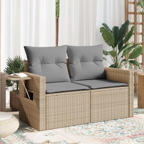 SDWEHO7 Gartensofa 2 Sitzer Lounge Sofa Outdoor Gartenmöbel Terrassensofa Gartenbank Gartenlounge Sofa mit Kissen, Beige Poly Rattan von SDWEHO7