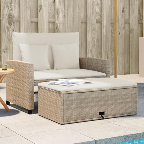 SDWEHO7 Gartensofa 2 Sitzer Lounge Sofa Outdoor Gartenmöbel Terrassensofa Gartenbank Gartenlounge Sofa mit Kissen und Fußhocker, Beige Poly Rattan von SDWEHO7