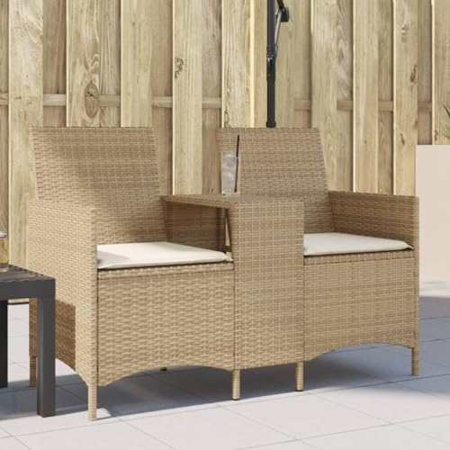 SDWEHO7 Gartensofa 2 Sitzer Lounge Sofa Outdoor Gartenmöbel Terrassensofa Gartenbank Gartenlounge Sofa mit Tisch und Kissen, Beige Poly Rattan von SDWEHO7