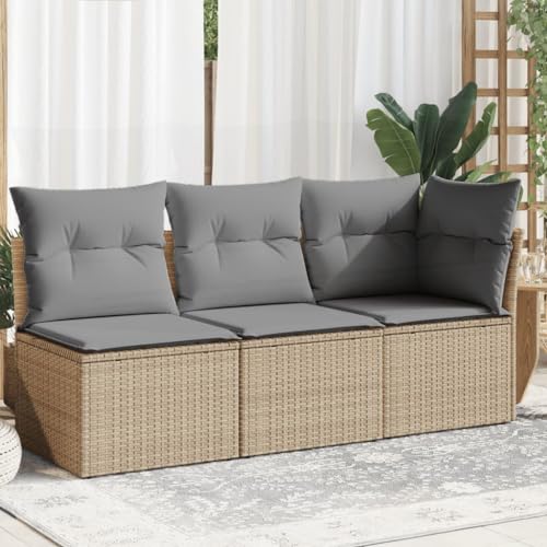 SDWEHO7 Gartensofa 3 Sitzer Lounge Sofa Outdoor Gartenmöbel Terrassensofa Gartenbank Gartenlounge Sofa mit Kissen, Beige Poly Rattan von SDWEHO7