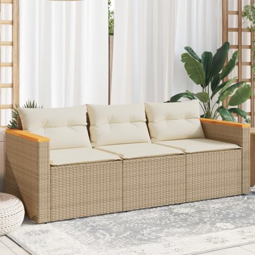 SDWEHO7 Gartensofa 3 Sitzer Lounge Sofa Outdoor Gartenmöbel Terrassensofa Gartenbank Gartenlounge Sofa mit Kissen, Beige Poly Rattan von SDWEHO7