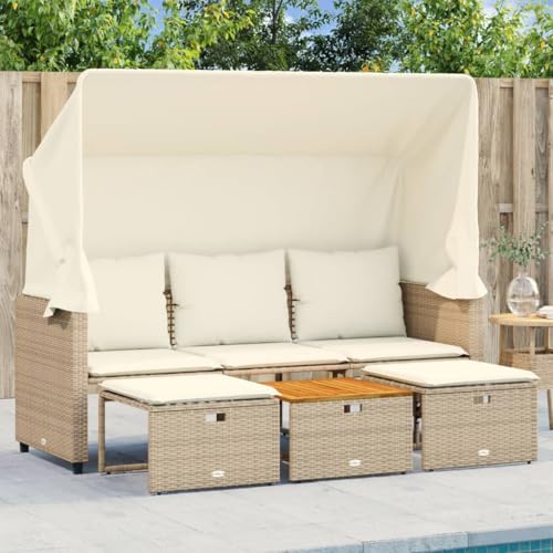 SDWEHO7 Gartensofa 3 Sitzer Lounge Sofa Outdoor Gartenmöbel Terrassensofa Gartenbank Gartenlounge Sofa mit Tisch, Dach und Hockern, Beige Poly Rattan von SDWEHO7