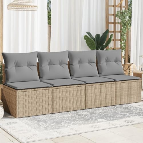 SDWEHO7 Gartensofa 4 Sitzer Lounge Sofa Outdoor Gartenmöbel Terrassensofa Gartenbank Gartenlounge Sofa mit Kissen, Beige Poly Rattan von SDWEHO7